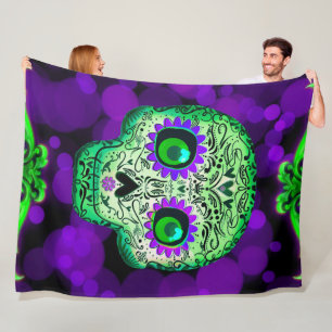 Green & Purple Glowing Sugar Skull Halloween Fleece Blanket
