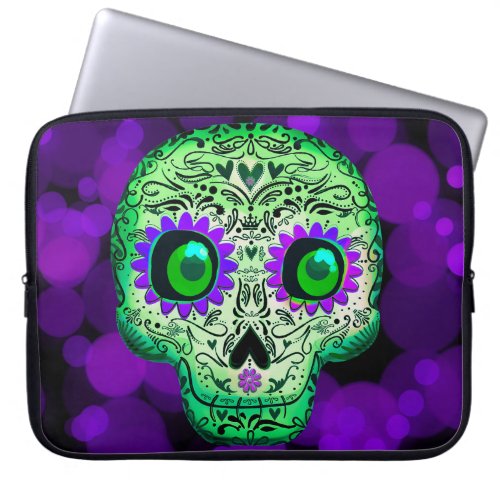 Green  Purple Glowing Sugar Skull Halloween Laptop Sleeve