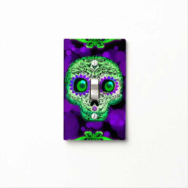 Green & Purple Glowing Sugar Skull Halloween Light Switch Cover (In Situ)