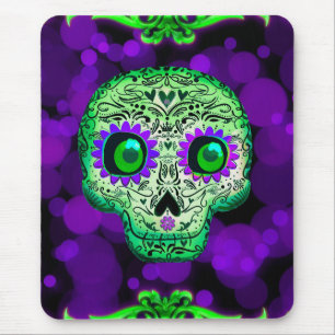 Green & Purple Glowing Sugar Skull Halloween Mouse Pad