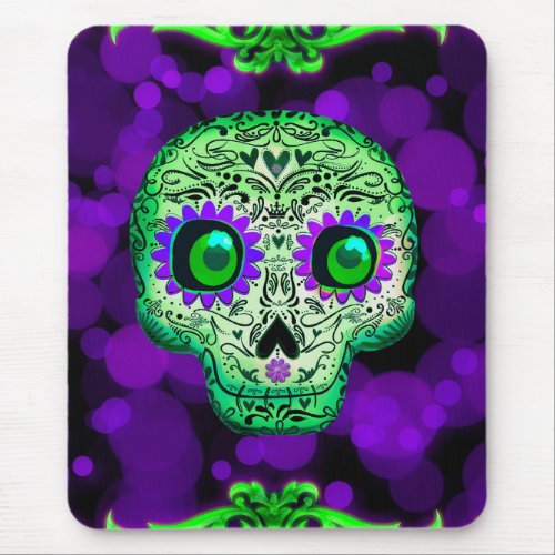 Green  Purple Glowing Sugar Skull Halloween Mouse Pad