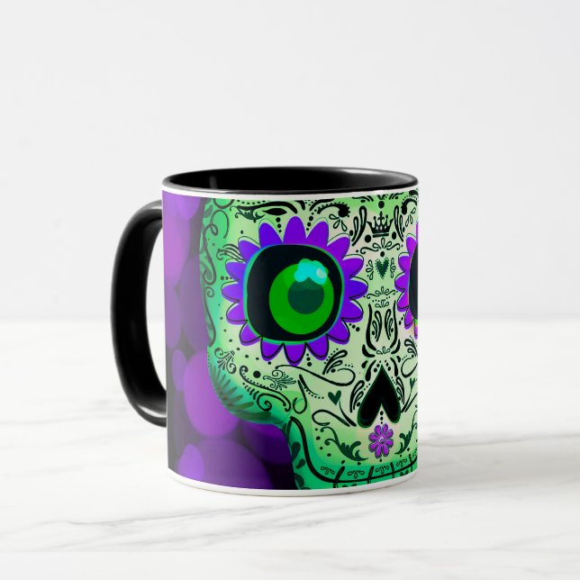 Green & Purple Glowing Sugar Skull Halloween Mug (Front Left)