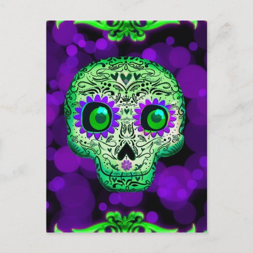Green  Purple Glowing Sugar Skull Halloween Party Postcard