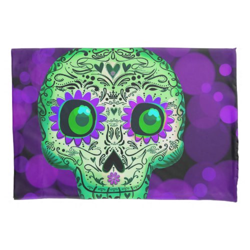 Green  Purple Glowing Sugar Skull Halloween Pillow Case