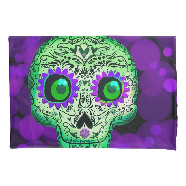 Green & Purple Glowing Sugar Skull Halloween Pillow Case (Front)