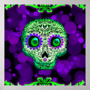 Green & Purple Glowing Sugar Skull Halloween Poster