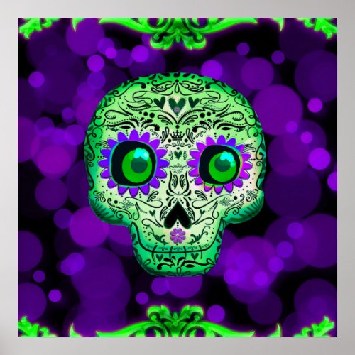Green  Purple Glowing Sugar Skull Halloween Poster