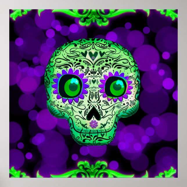 Green & Purple Glowing Sugar Skull Halloween Poster (Front)
