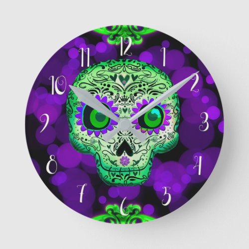 Green  Purple Glowing Sugar Skull Halloween Round Clock