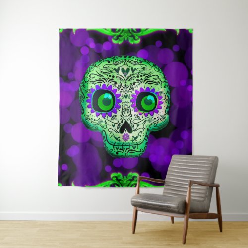 Green  Purple Glowing Sugar Skull Halloween Tapestry