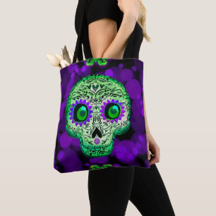 Green & Purple Glowing Sugar Skull Halloween Tote Bag