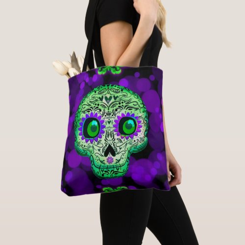 Green  Purple Glowing Sugar Skull Halloween Tote Bag
