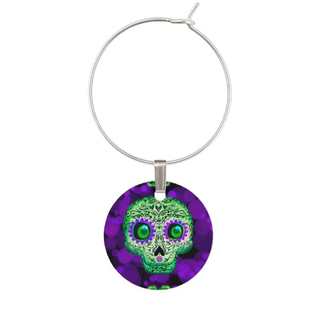 Green & Purple Glowing Sugar Skull Halloween Wine Charm (Front)