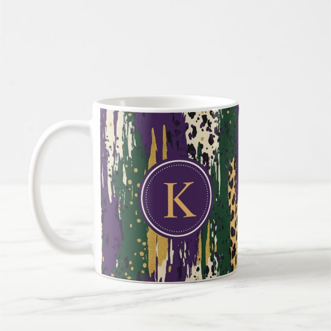 Green Purple Gold Brushstrokes  Pattern Monogram Coffee Mug (Left)
