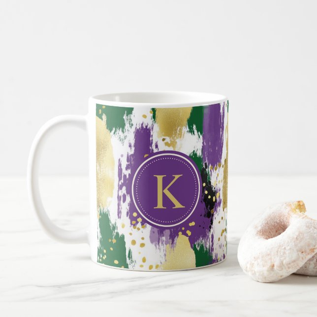 Green Purple Gold Brushstrokes  Pattern Monogram Coffee Mug (With Donut)