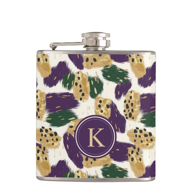 Green Purple Gold Brushstrokes  Pattern Monogram Flask (Front)