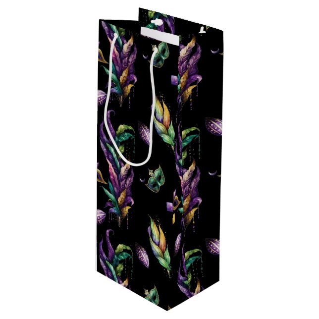GREEN PURPLE GOLD MARDI GRAS MASKS & FEATHERS WINE GIFT BAG (Front Angled)