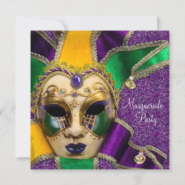 Green Purple Gold Masquerade Party Invitations (Front)