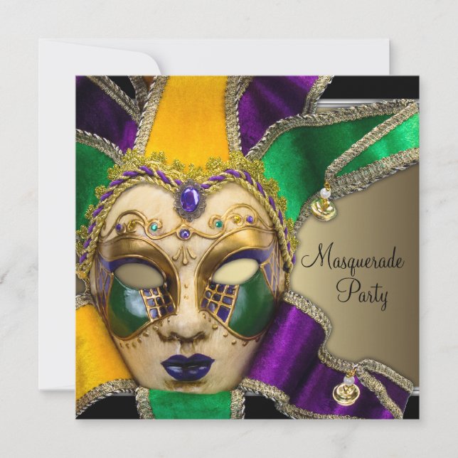 Green Purple Gold Masquerade Party Invitations (Front)