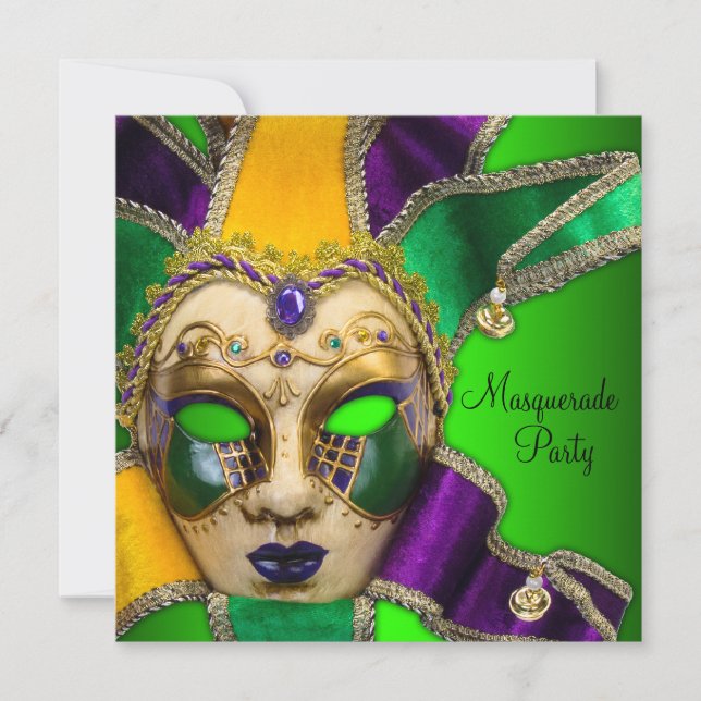 Green Purple Gold Masquerade Party Invitations (Front)
