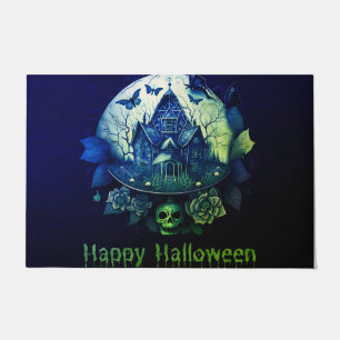 Green Purple Gothic Haunted House Happy Halloween Doormat
