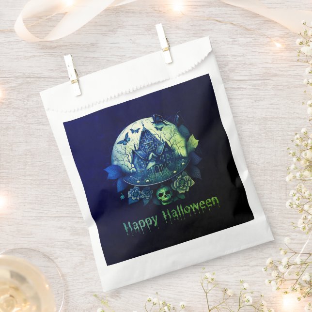 Green Purple Gothic Haunted House Happy Halloween Favor Bag (Clipped)