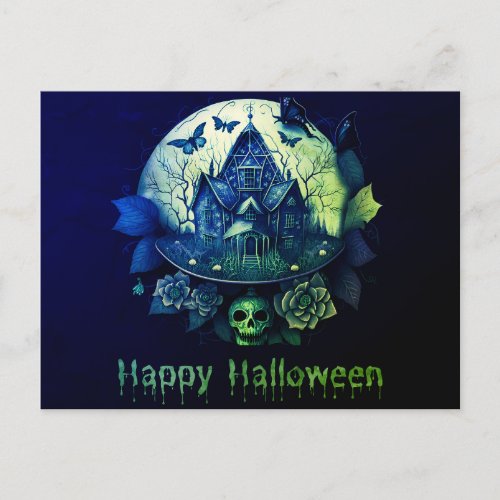Green Purple Gothic Haunted House Happy Halloween Holiday Postcard