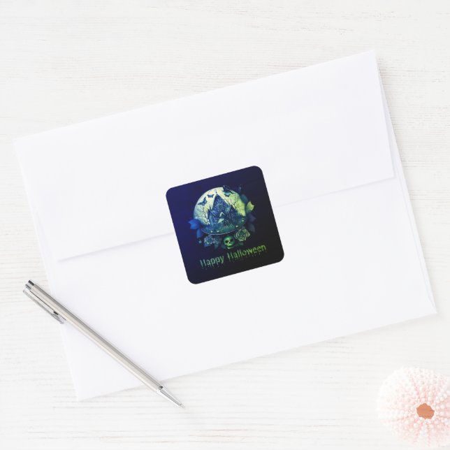 Green Purple Gothic Haunted House Happy Halloween Square Sticker (Envelope)