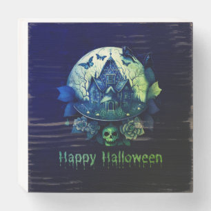 Green Purple Gothic Haunted House Happy Halloween Wooden Box Sign