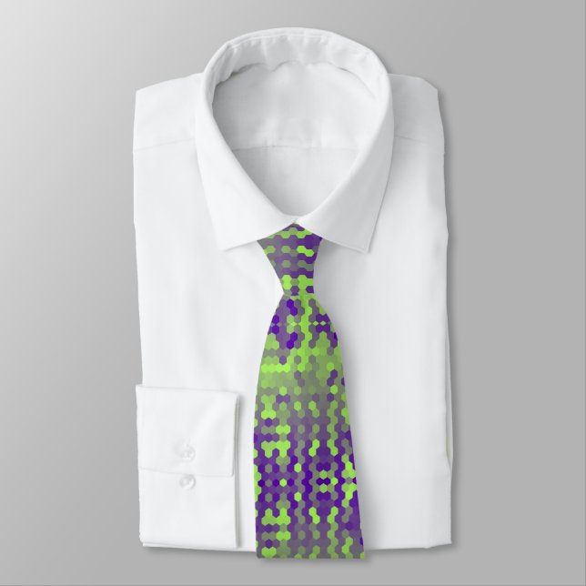 Green purple hexagons pattern neck tie (Tied)
