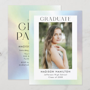 Green & Purple Holographic Photo Graduation Party Invitation