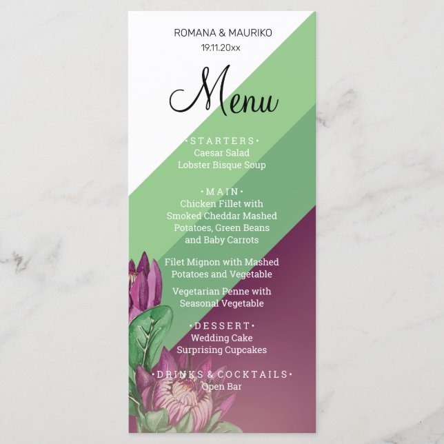 Green Purple King Protea Watercolor Art Menu (Front)