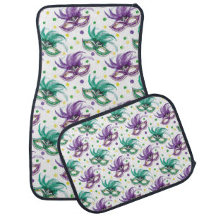 GREEN & PURPLE MARDI GRAS MASKS & FEATHERS CAR FLOOR MAT