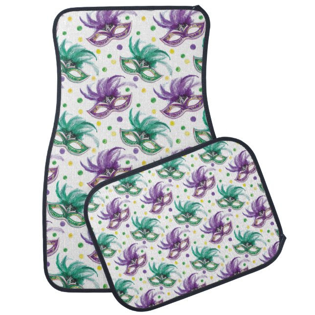 GREEN & PURPLE MARDI GRAS MASKS & FEATHERS CAR FLOOR MAT (Set)
