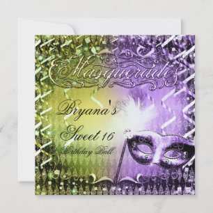 Green & Purple Masquerade Mask Mardi Gras Party Invitation