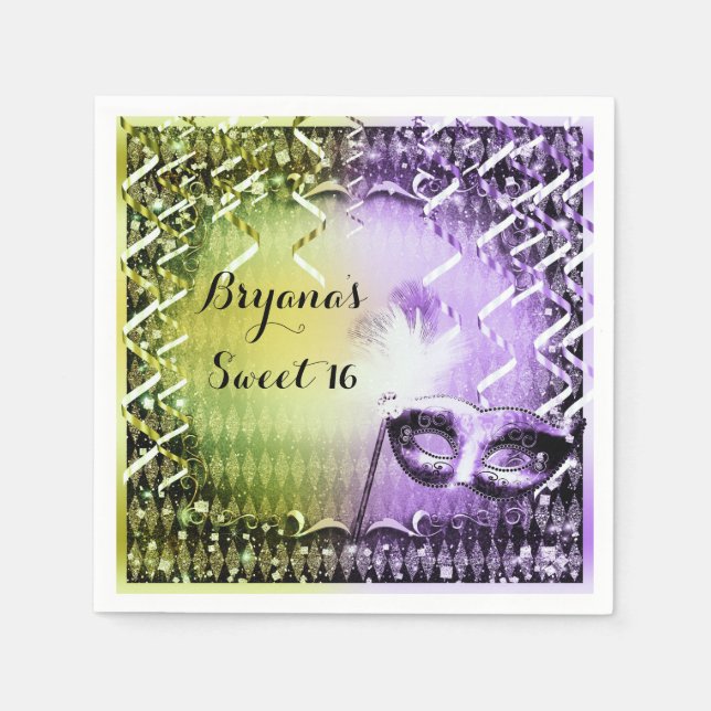 Green & Purple Masquerade Mask Mardi Gras Party Paper Napkins (Front)