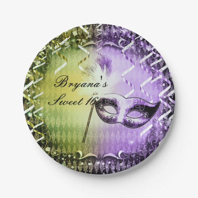 Green & Purple Masquerade Mask Mardi Gras Party Paper Plates (Front)