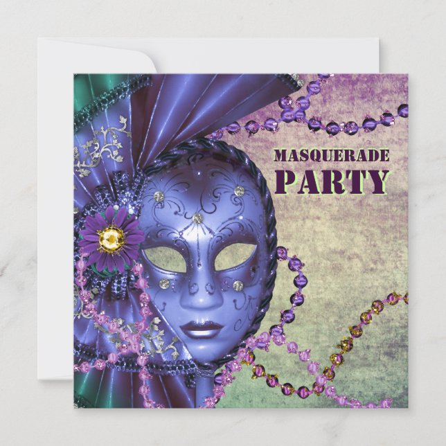 Green Purple Masquerade Party Invitation (Front)