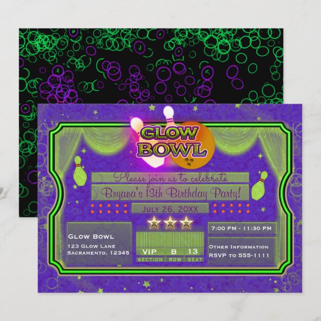 Green & Purple Neon Color GLOW BOWL Birthday Party Invitation (Front/Back)