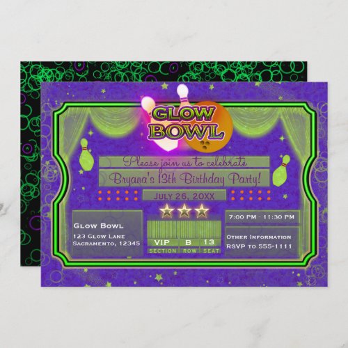 Green  Purple Neon Color GLOW BOWL Birthday Party Invitation