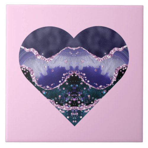 Green Purple Ocean Watercolor Look Heart on Pink Ceramic Tile