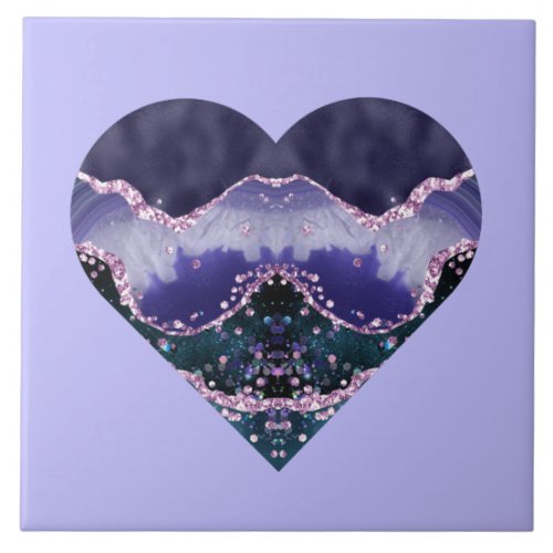 Green Purple Ocean Watercolor Look Heart on Purple Ceramic Tile
