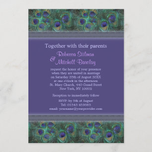 Green purple Peacock feathers Wedding  Invitation