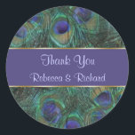 Green purple peacock Wedding Thank you Sticker<br><div class="desc">Green and purple peacock feather Wedding Thank you Sticker. You can adjust text according to your requirements.</div>
