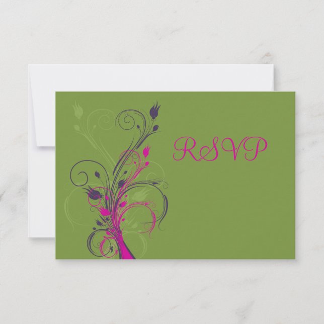 Green Purple Pink White Floral RSVP Card (Front)