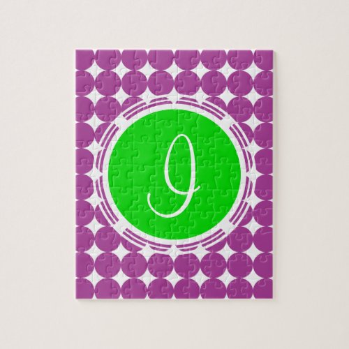 Green  Purple Polka Dot Monogram Jigsaw Puzzle