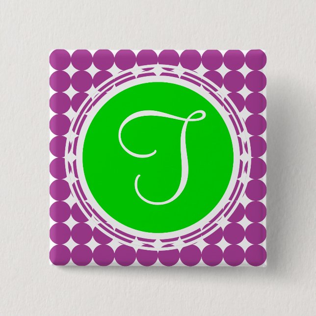 Green & Purple Polka Dot Monogram Pinback Button (Front)