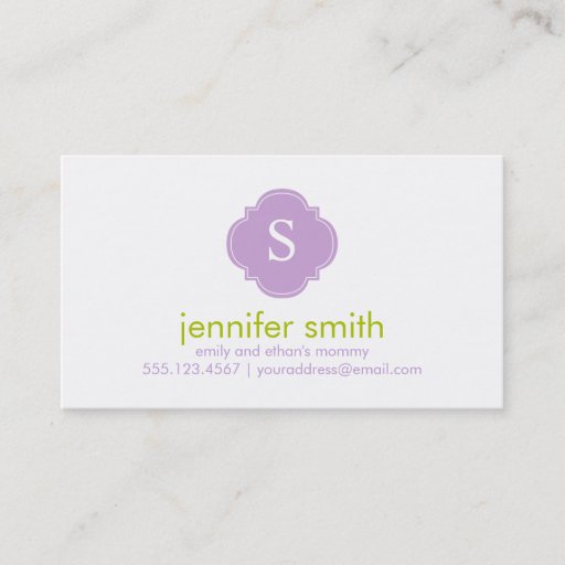 Customizable Green Purple Quatrefoil Monogram Stripes Pattern Business Card