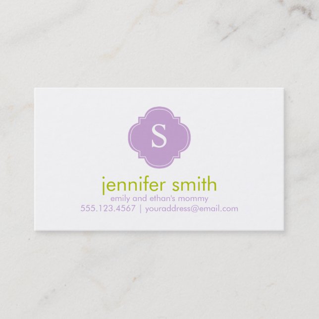 Green Purple Quatrefoil Monogram Stripes Pattern Calling Card (Front)