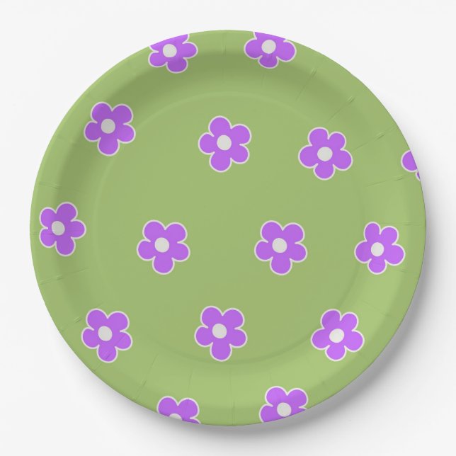 Green Purple Retro Y2K Flower Pattern Paper Plates (Front)